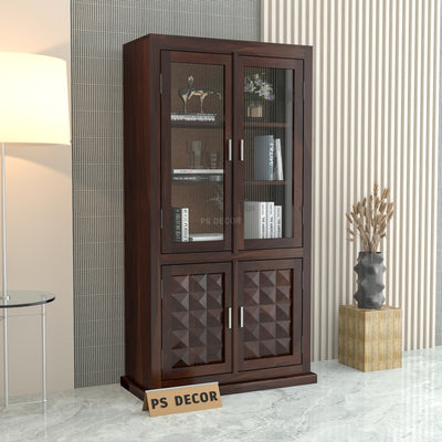 Goldenza Sheesham Wood Bookshelf Cabinet with Acrylic Glass Doors & Multipurpose Storage (Walnut Finish)