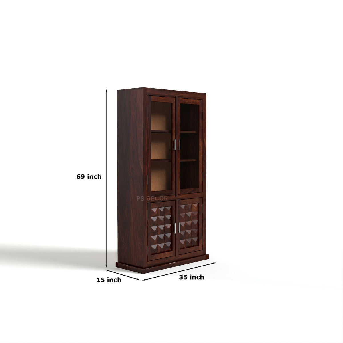 Goldenza Sheesham Wood Bookshelf Cabinet with Acrylic Glass Doors & Multipurpose Storage (Walnut Finish)