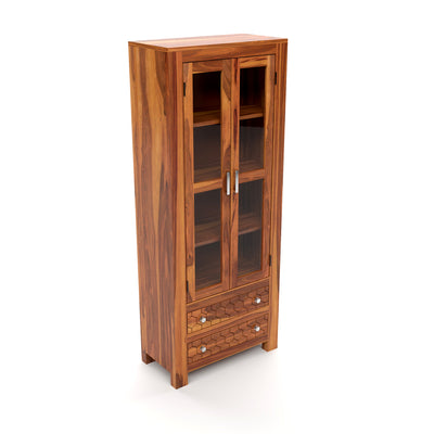 Kevia Sheesham Wood Bookshelf with Acrylic Glass Doors & 2 Drawers (Natural Finish)