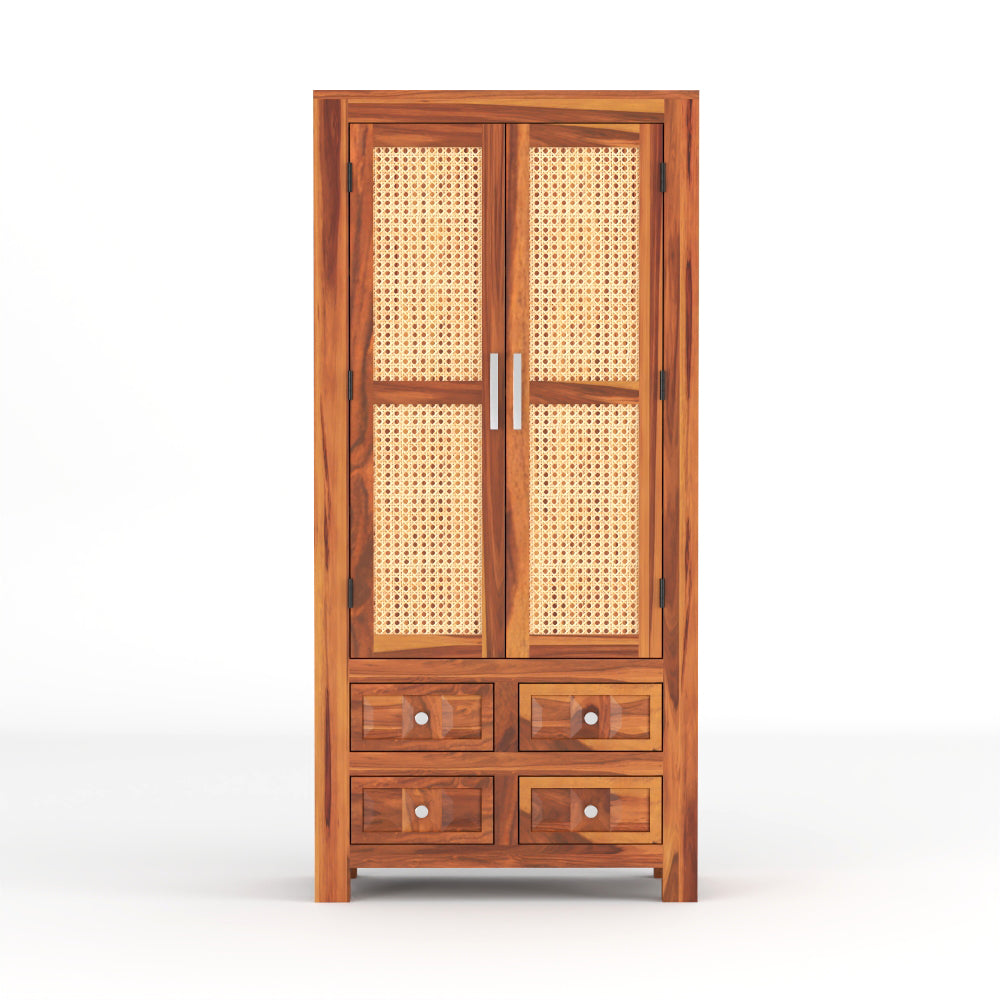 Jarello Sheesham Wood Bookshelf with Rattan Cane Doors & 4 Drawers (Natural Finish)