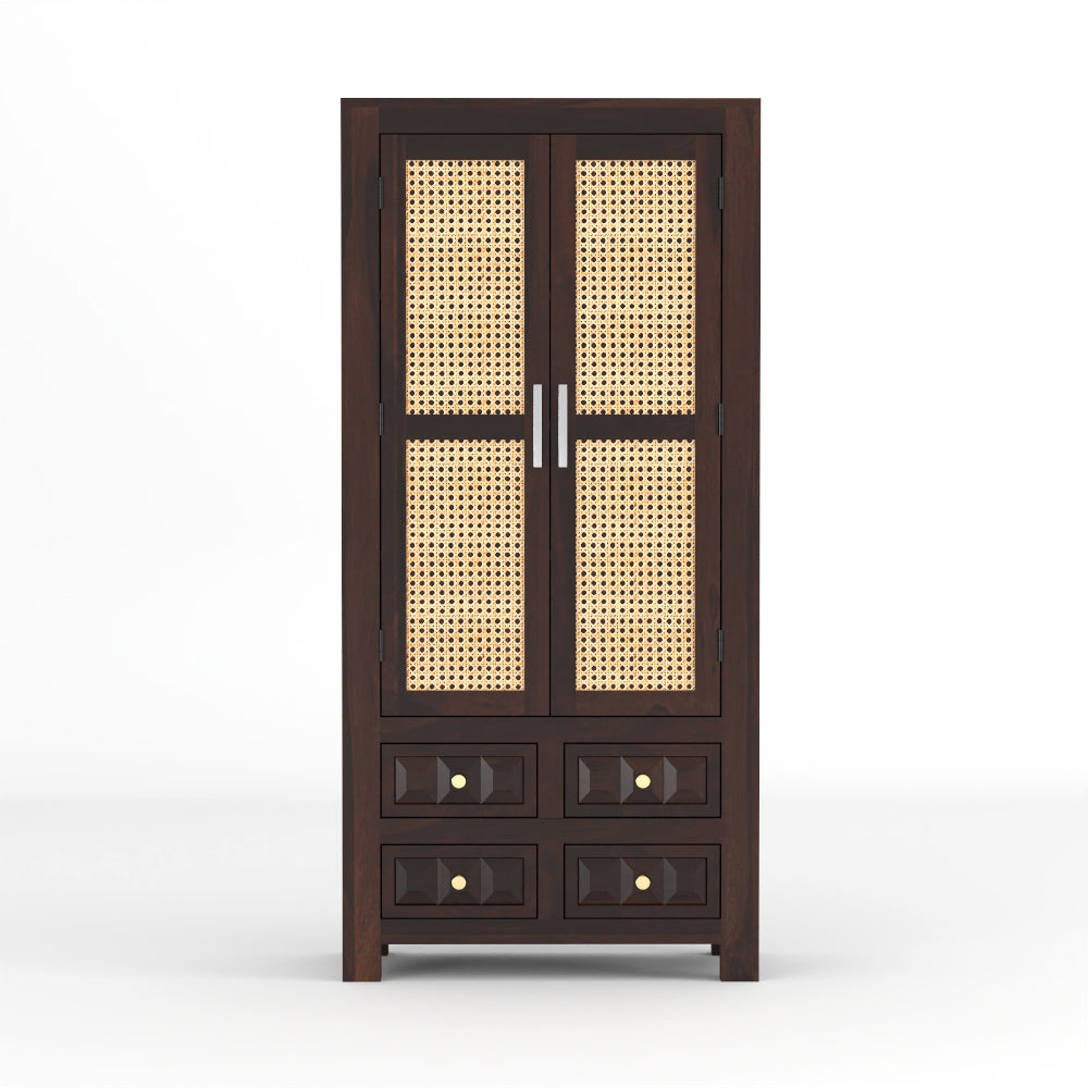 Jarello Sheesham Wood Bookshelf with Rattan Cane Doors & 4 Drawers (Walnut Finish)
