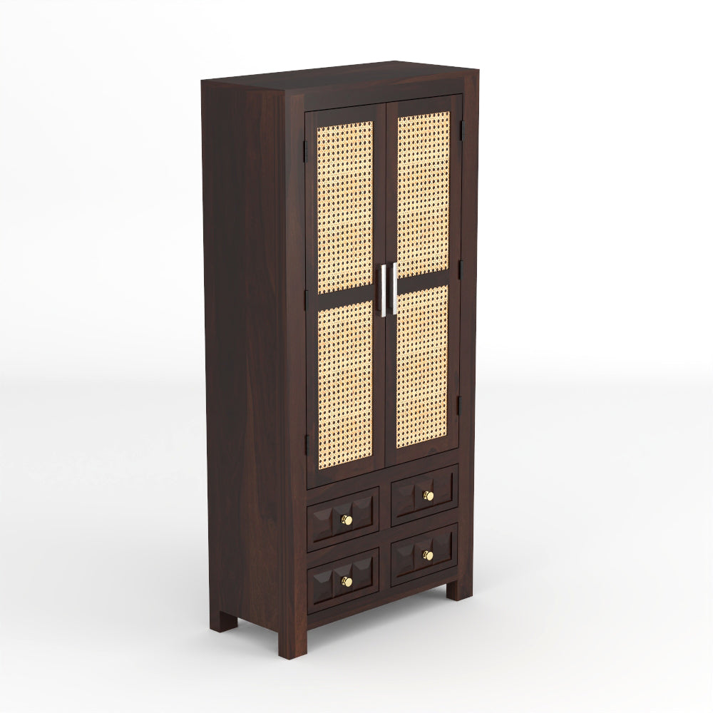 Jarello Sheesham Wood Bookshelf with Rattan Cane Doors & 4 Drawers (Walnut Finish)
