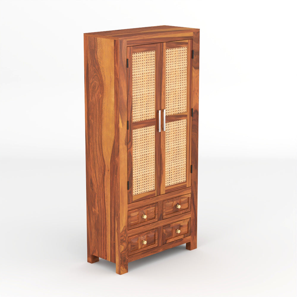 Jarello Sheesham Wood Bookshelf with Rattan Cane Doors & 4 Drawers (Natural Finish)