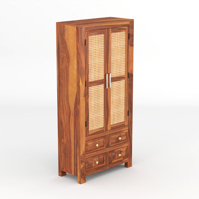 Jarello Sheesham Wood Bookshelf with Rattan Cane Doors & 4 Drawers (Natural Finish)