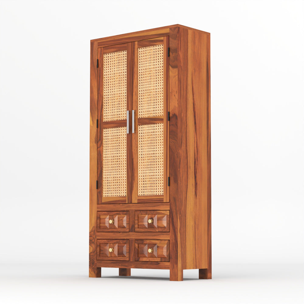 Jarello Sheesham Wood Bookshelf with Rattan Cane Doors & 4 Drawers (Natural Finish)