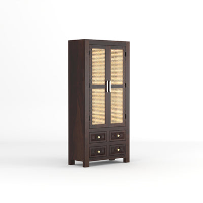 Jarello Sheesham Wood Bookshelf with Rattan Cane Doors & 4 Drawers (Walnut Finish)