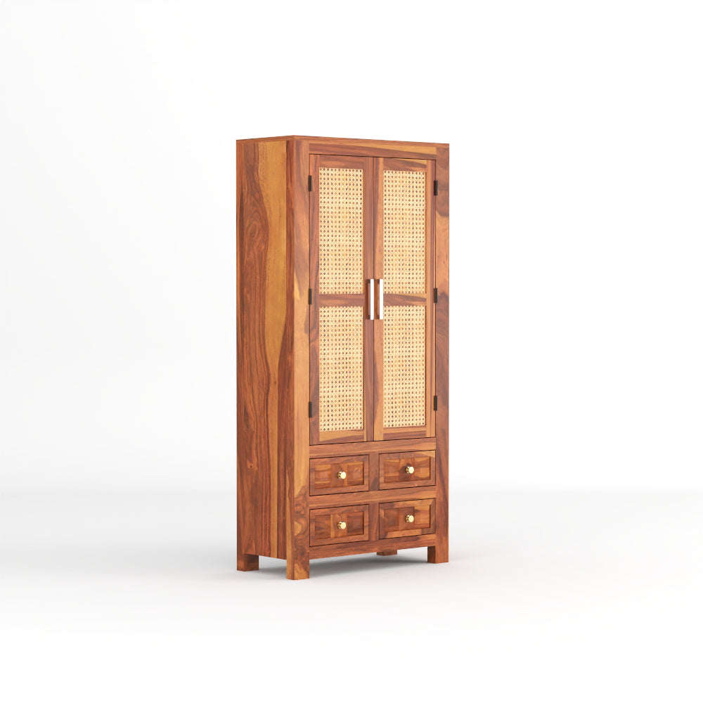 Jarello Sheesham Wood Bookshelf with Rattan Cane Doors & 4 Drawers (Natural Finish)