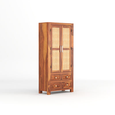 Jarello Sheesham Wood Bookshelf with Rattan Cane Doors & 4 Drawers (Natural Finish)