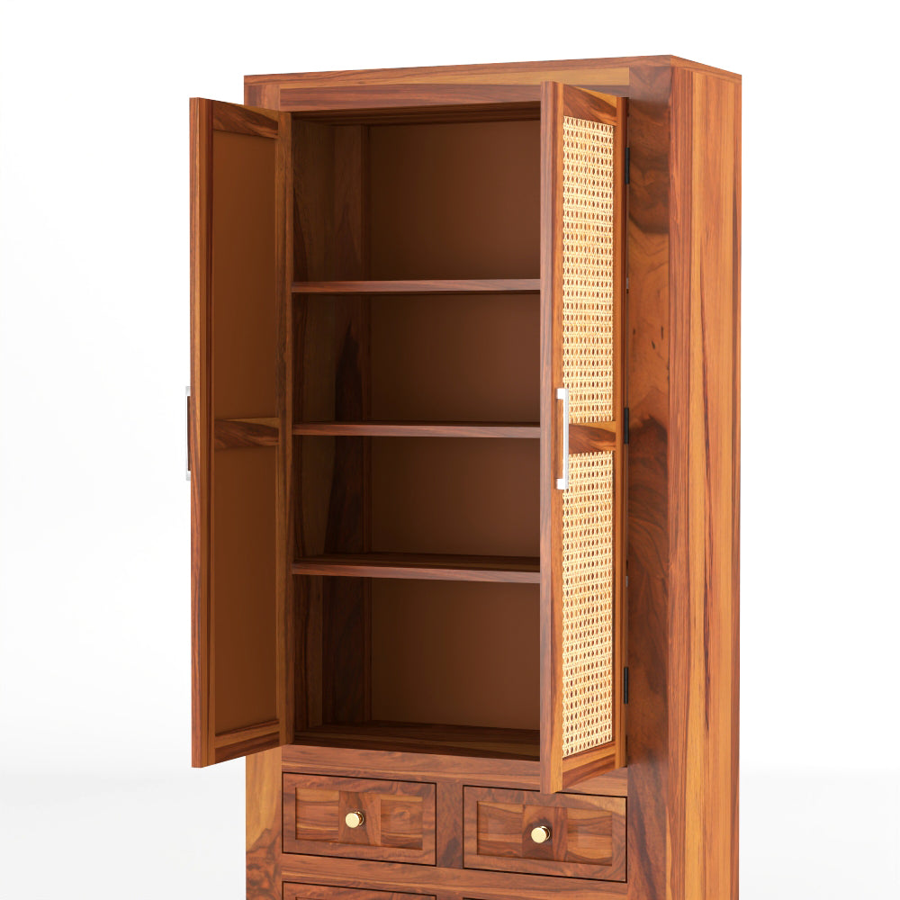 Jarello Sheesham Wood Bookshelf with Rattan Cane Doors & 4 Drawers (Natural Finish)