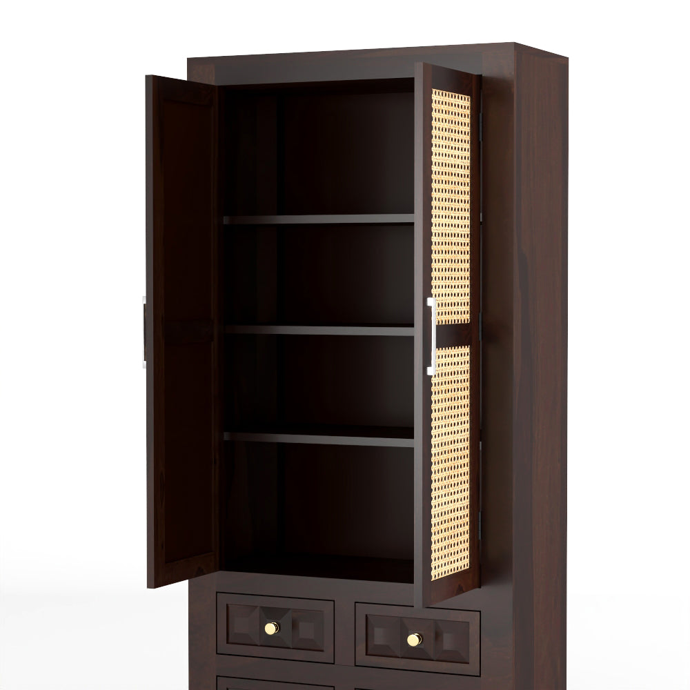 Jarello Sheesham Wood Bookshelf with Rattan Cane Doors & 4 Drawers (Walnut Finish)