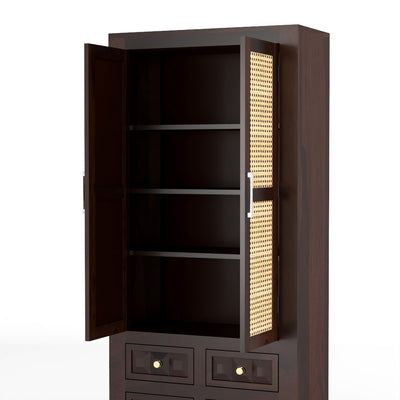 Jarello Sheesham Wood Bookshelf with Rattan Cane Doors & 4 Drawers (Walnut Finish)