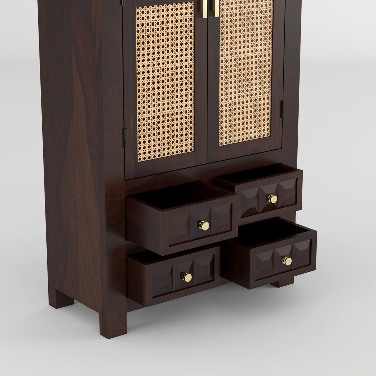 Jarello Sheesham Wood Bookshelf with Rattan Cane Doors & 4 Drawers (Walnut Finish)