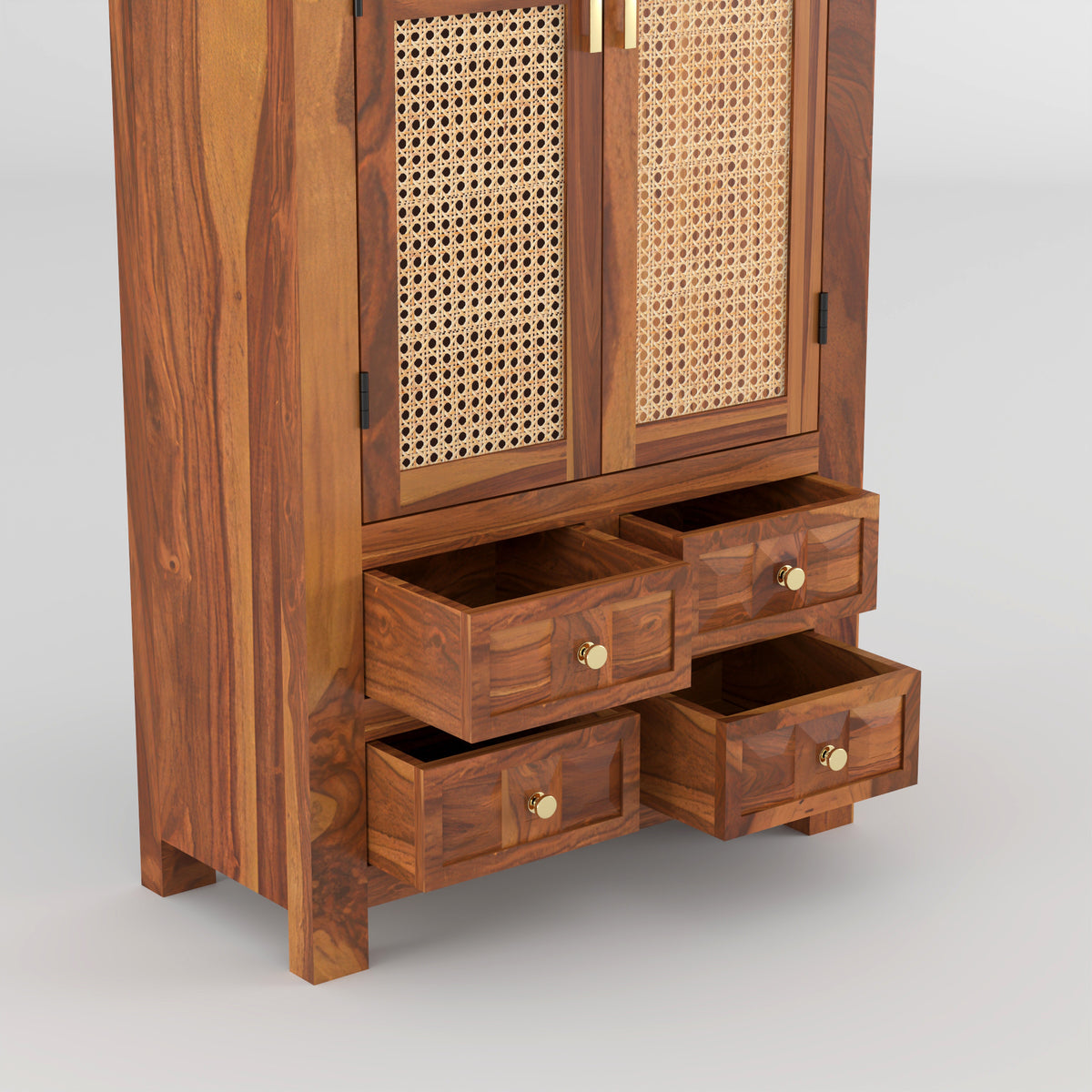 Jarello Sheesham Wood Bookshelf with Rattan Cane Doors & 4 Drawers (Natural Finish)