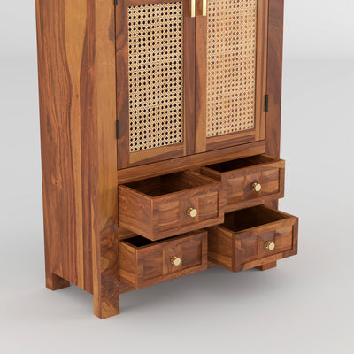 Jarello Sheesham Wood Bookshelf with Rattan Cane Doors & 4 Drawers (Natural Finish)