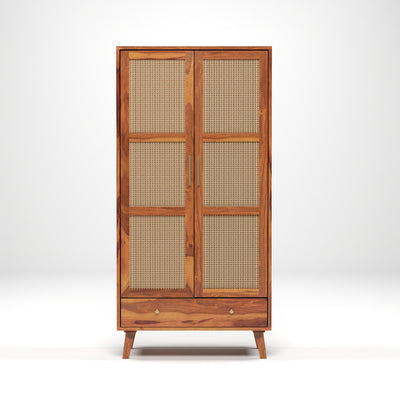 Coruton Sheesham Wood 2-Door Wardrobe with Rattan Cane Doors & Spacious Drawer Storage (Natural Finish)
