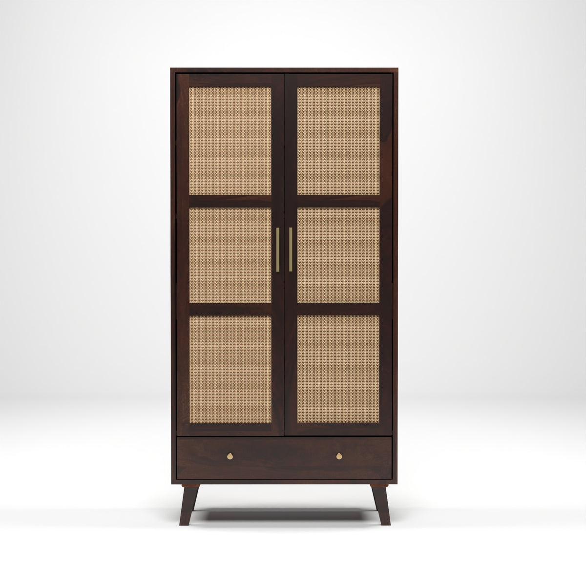 Coruton Sheesham Wood 2-Door Wardrobe with Rattan Cane Doors & Spacious Drawer Storage (Walnut Finish)