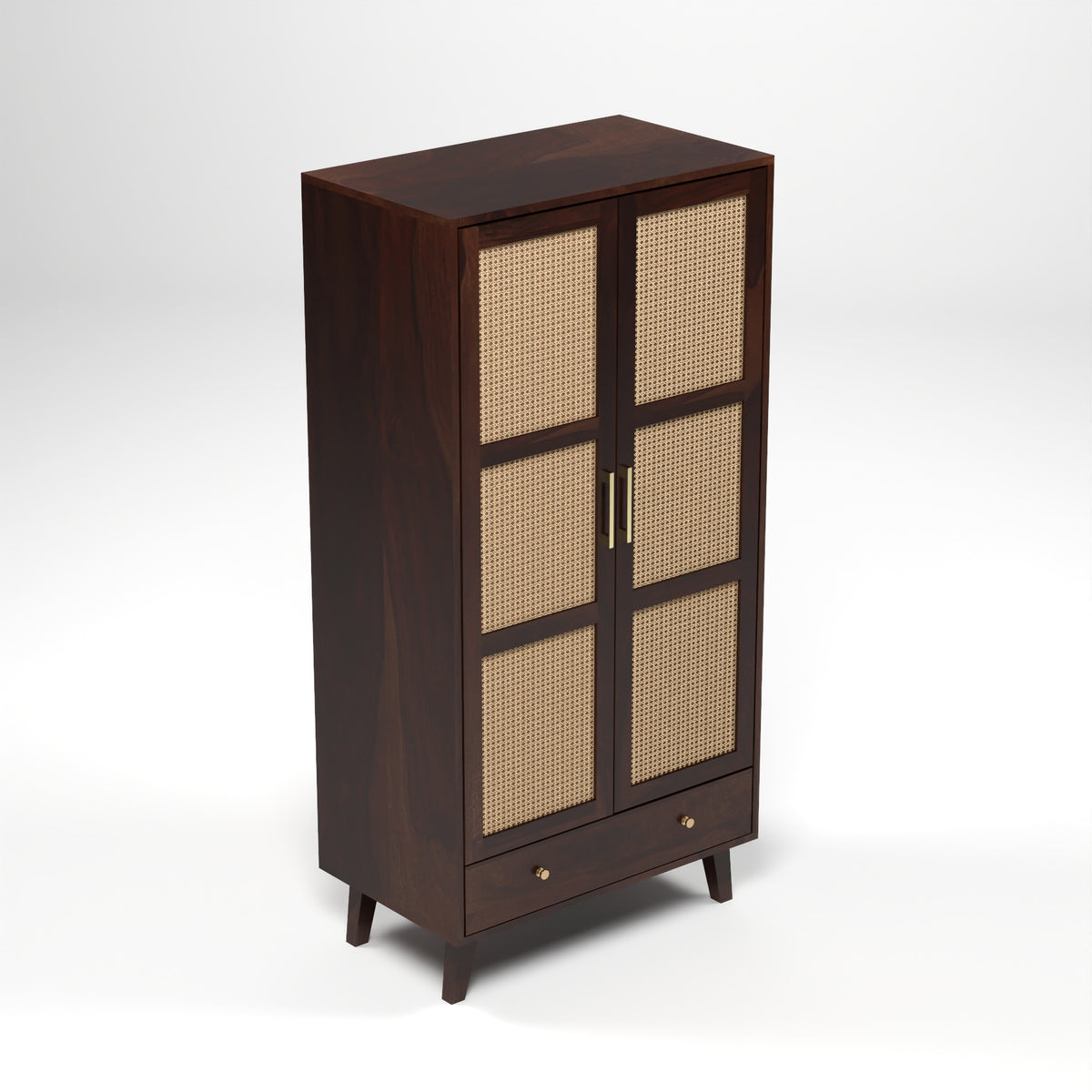 Coruton Sheesham Wood 2-Door Wardrobe with Rattan Cane Doors & Spacious Drawer Storage (Walnut Finish)