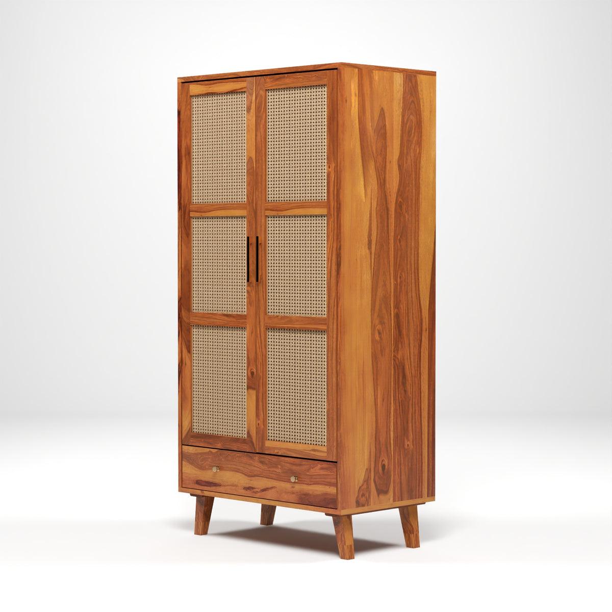 Coruton Sheesham Wood 2-Door Wardrobe with Rattan Cane Doors & Spacious Drawer Storage (Natural Finish)