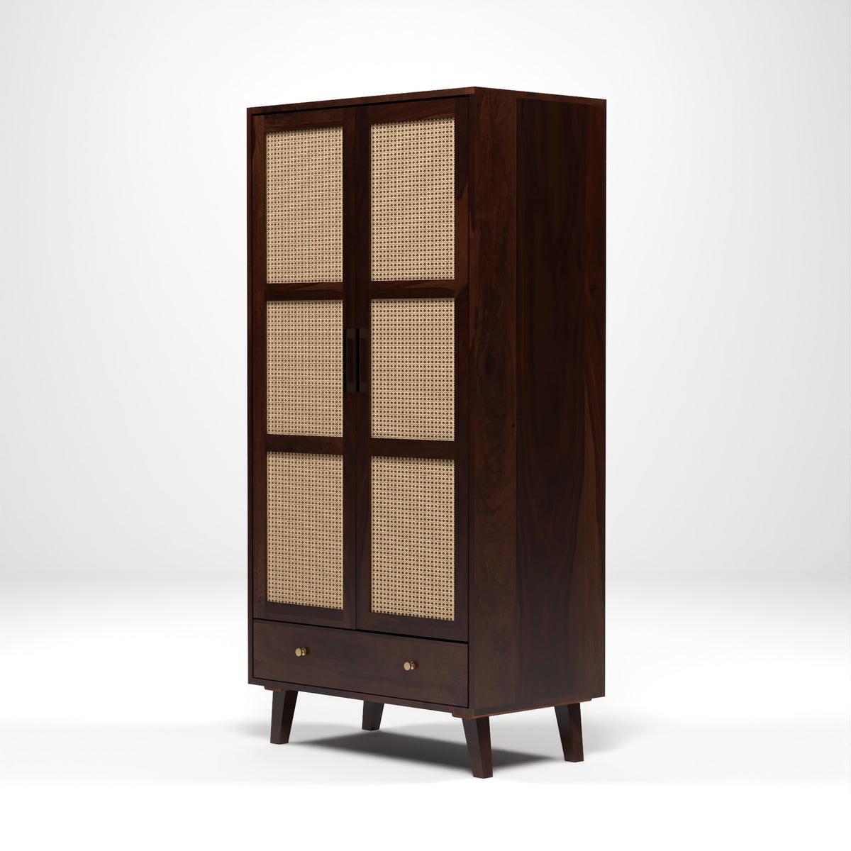 Coruton Sheesham Wood 2-Door Wardrobe with Rattan Cane Doors & Spacious Drawer Storage (Walnut Finish)