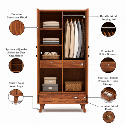 Coruton Sheesham Wood 2-Door Wardrobe with Rattan Cane Doors & Spacious Drawer Storage (Natural Finish)