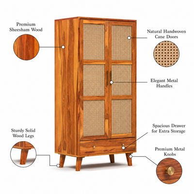 Coruton Sheesham Wood 2-Door Wardrobe with Rattan Cane Doors & Spacious Drawer Storage (Natural Finish)