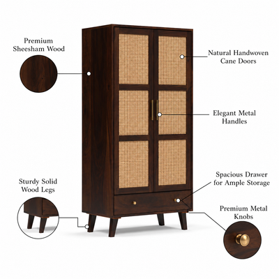 Coruton Sheesham Wood 2-Door Wardrobe with Rattan Cane Doors & Spacious Drawer Storage (Walnut Finish)