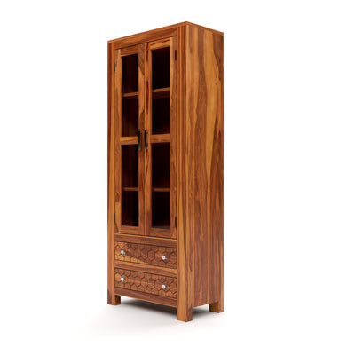 Kevia Sheesham Wood Bookshelf with Acrylic Glass Doors & 2 Drawers (Natural Finish)