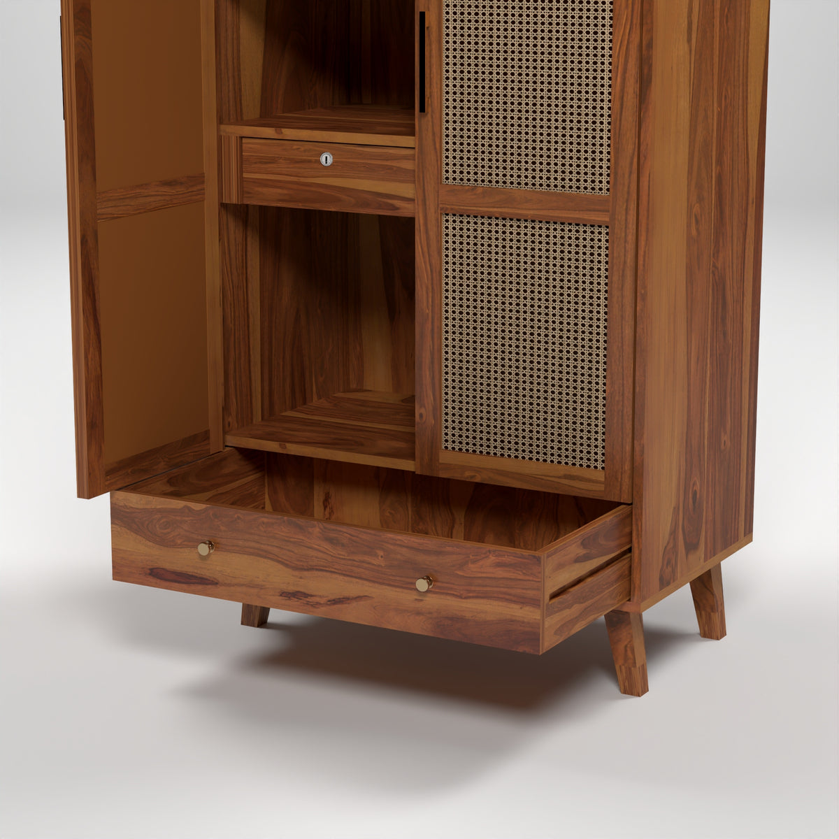 Coruton Sheesham Wood 2-Door Wardrobe with Rattan Cane Doors & Spacious Drawer Storage (Natural Finish)