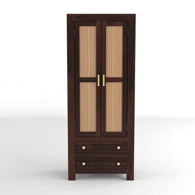 Kevia Sheesham Wood Bookshelf with Rattan Cane Doors & 2 Drawers (Walnut Finish)
