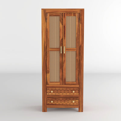 Kevia Sheesham Wood Bookshelf with Rattan Cane Doors & 2 Drawers (Natural Finish)