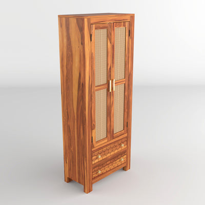 Kevia Sheesham Wood Bookshelf with Rattan Cane Doors & 2 Drawers (Natural Finish)
