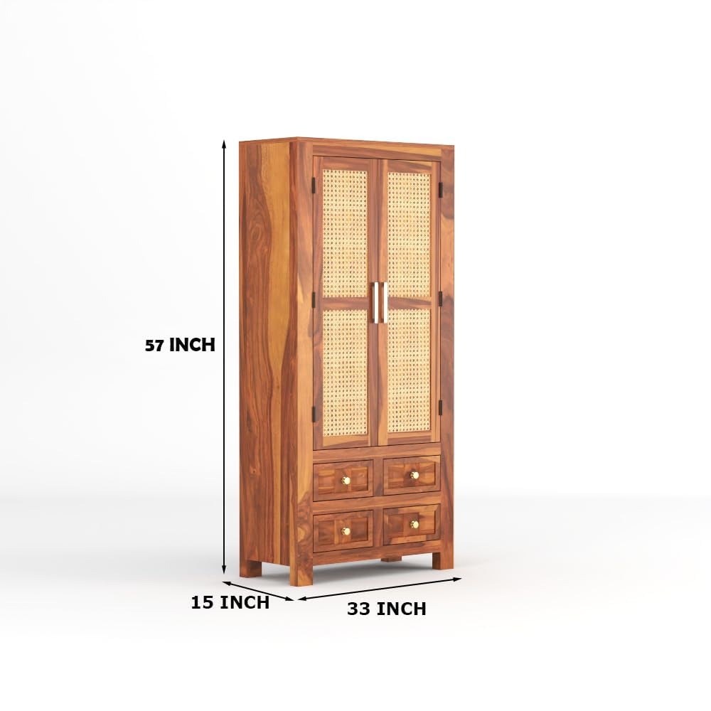 Jarello Sheesham Wood Bookshelf with Rattan Cane Doors & 4 Drawers (Natural Finish)