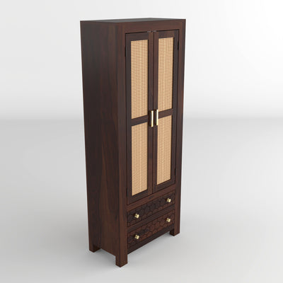 Kevia Sheesham Wood Bookshelf with Rattan Cane Doors & 2 Drawers (Walnut Finish)