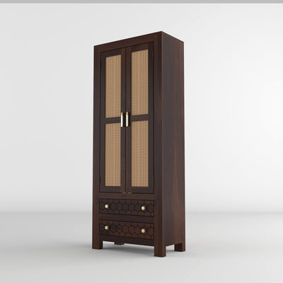 Kevia Sheesham Wood Bookshelf with Rattan Cane Doors & 2 Drawers (Walnut Finish)