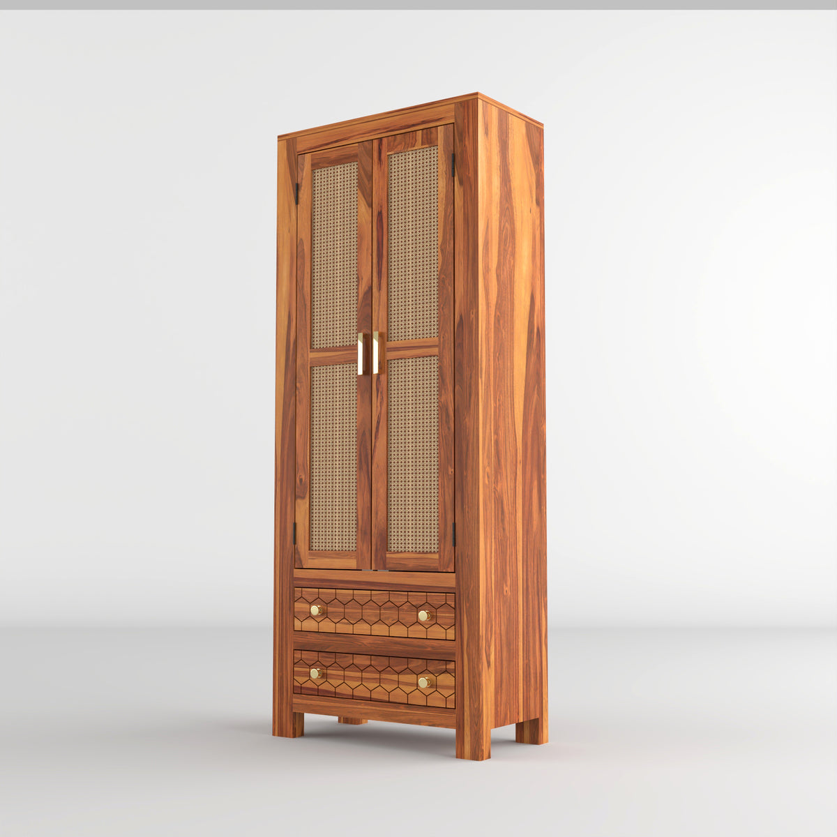 Kevia Sheesham Wood Bookshelf with Rattan Cane Doors & 2 Drawers (Natural Finish)
