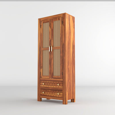 Kevia Sheesham Wood Bookshelf with Rattan Cane Doors & 2 Drawers (Natural Finish)