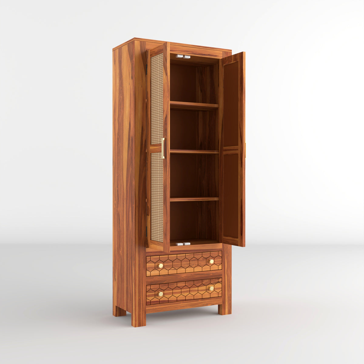 Kevia Sheesham Wood Bookshelf with Rattan Cane Doors & 2 Drawers (Natural Finish)