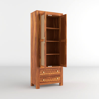 Kevia Sheesham Wood Bookshelf with Rattan Cane Doors & 2 Drawers (Natural Finish)