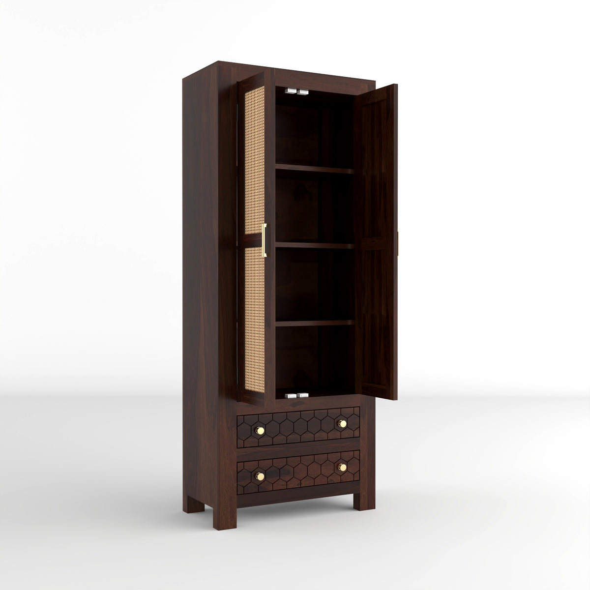 Kevia Sheesham Wood Bookshelf with Rattan Cane Doors & 2 Drawers (Walnut Finish)