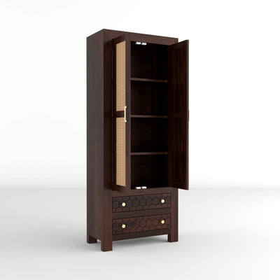 Kevia Sheesham Wood Bookshelf with Rattan Cane Doors & 2 Drawers (Walnut Finish)