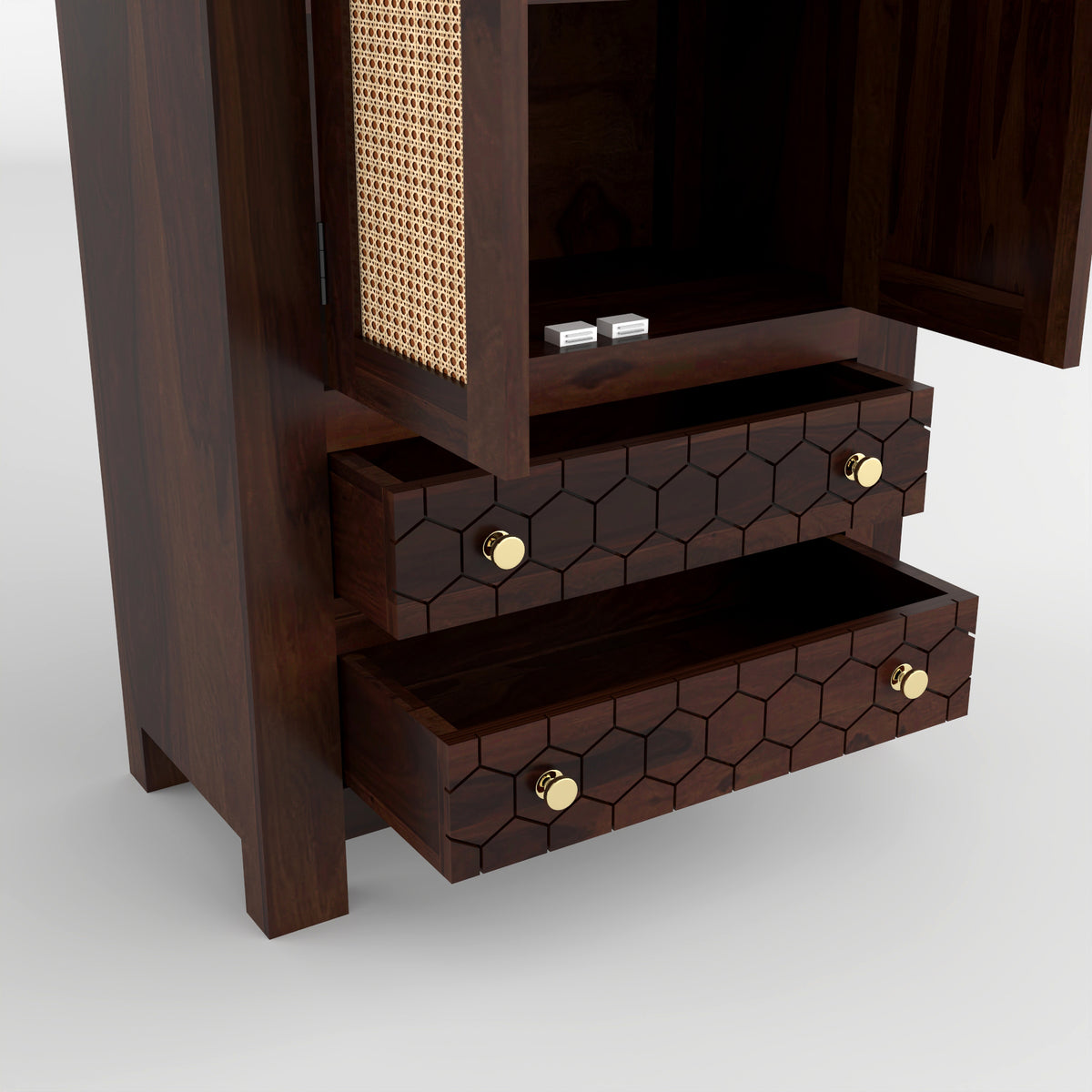 Kevia Sheesham Wood Bookshelf with Rattan Cane Doors & 2 Drawers (Walnut Finish)