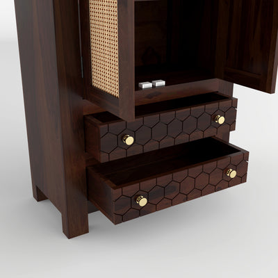 Kevia Sheesham Wood Bookshelf with Rattan Cane Doors & 2 Drawers (Walnut Finish)