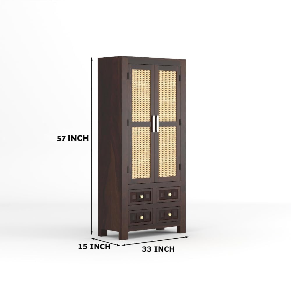 Jarello Sheesham Wood Bookshelf with Rattan Cane Doors & 4 Drawers (Walnut Finish)