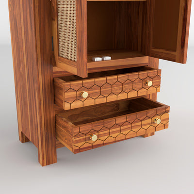 Kevia Sheesham Wood Bookshelf with Rattan Cane Doors & 2 Drawers (Natural Finish)