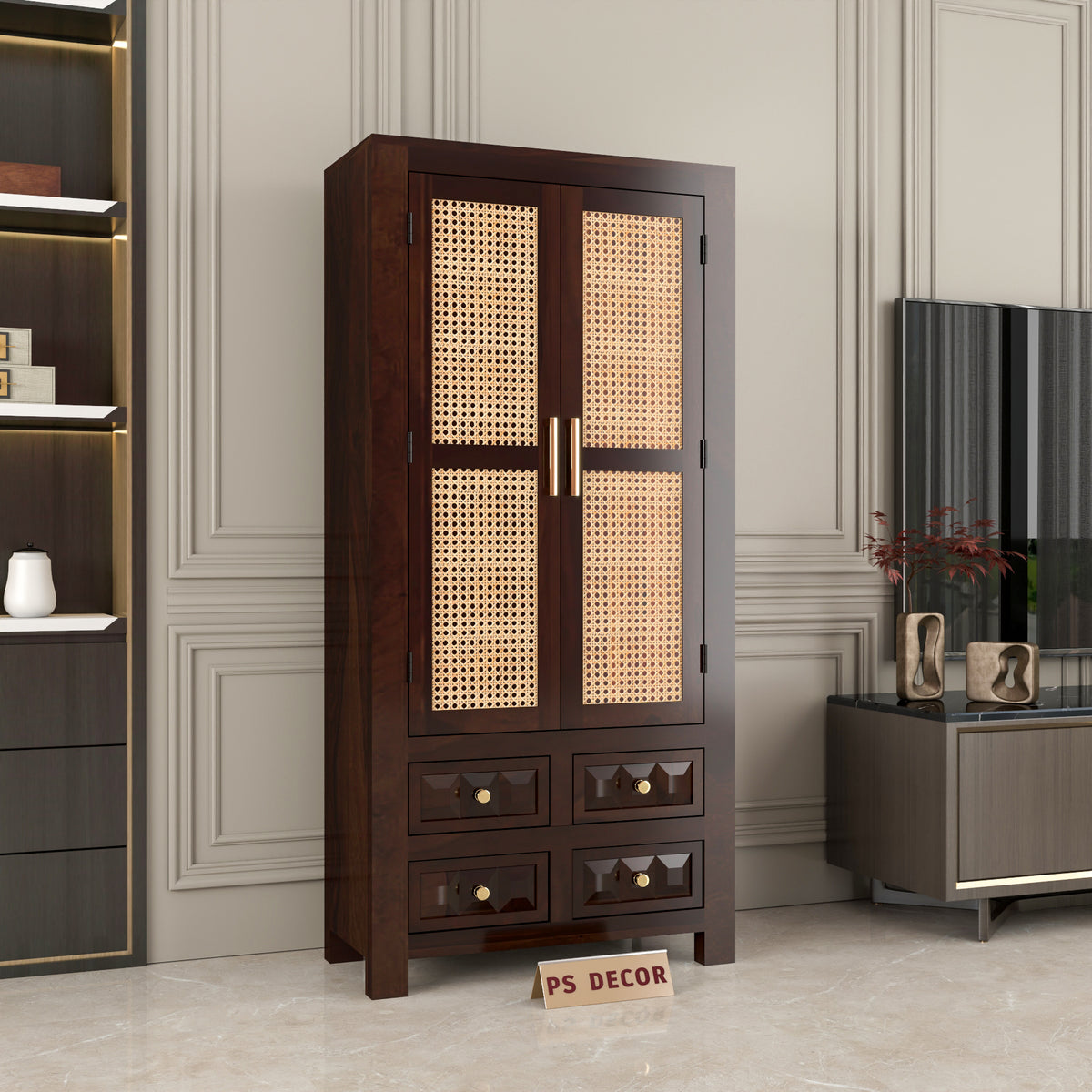 Jarello Sheesham Wood Bookshelf with Rattan Cane Doors & 4 Drawers (Walnut Finish)