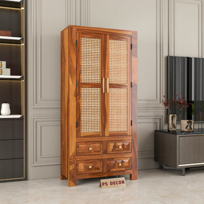 Jarello Sheesham Wood Bookshelf with Rattan Cane Doors & 4 Drawers (Natural Finish)