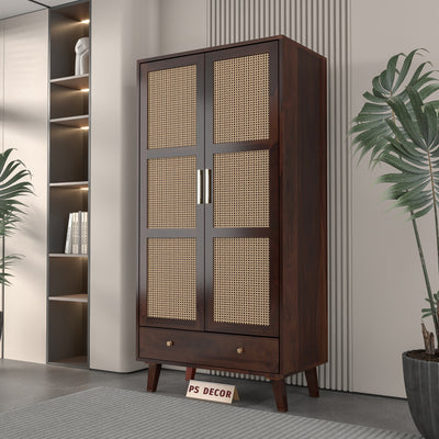 Coruton Sheesham Wood 2-Door Wardrobe with Rattan Cane Doors & Spacious Drawer Storage (Walnut Finish)