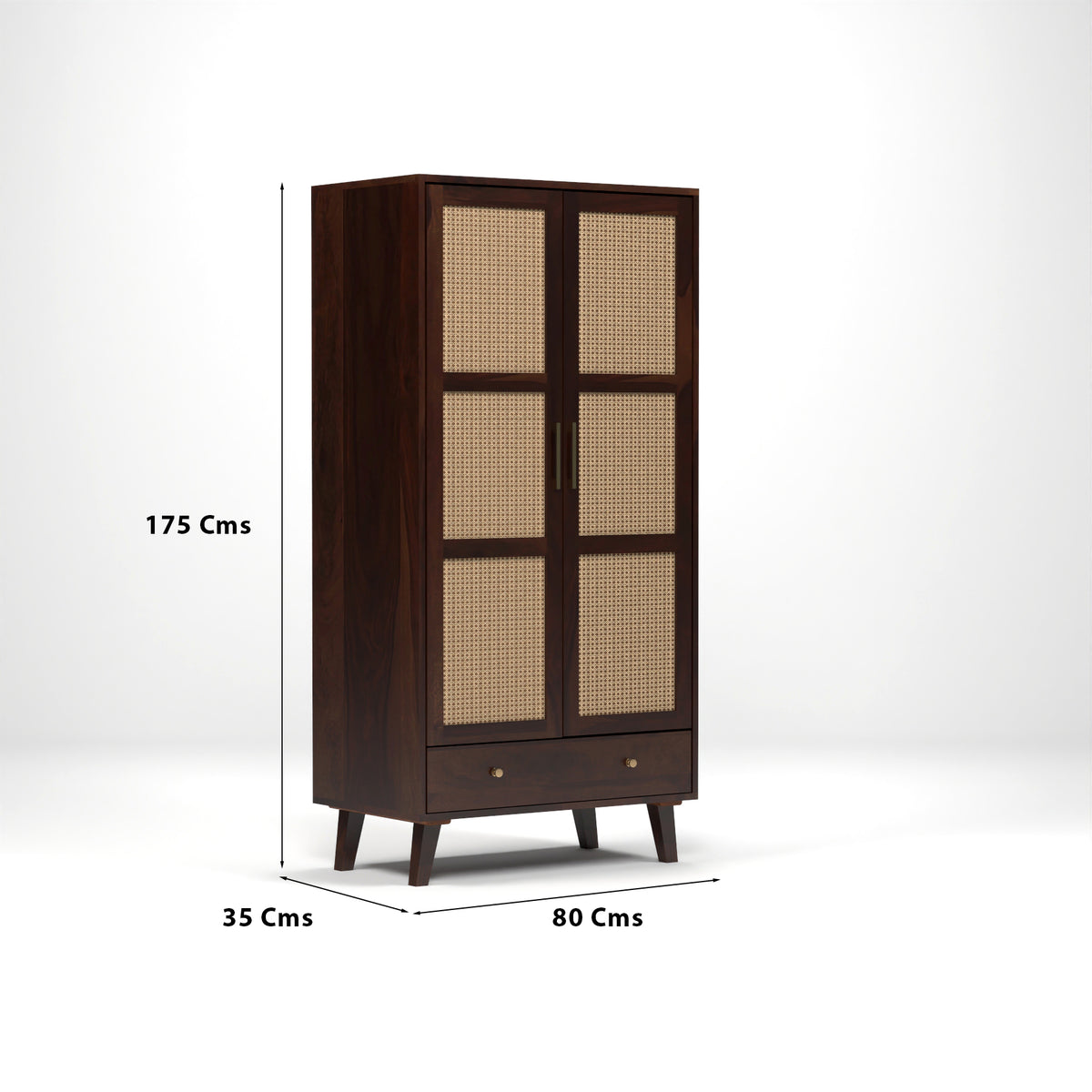 Coruton Sheesham Wood 2-Door Wardrobe with Rattan Cane Doors & Spacious Drawer Storage (Walnut Finish)