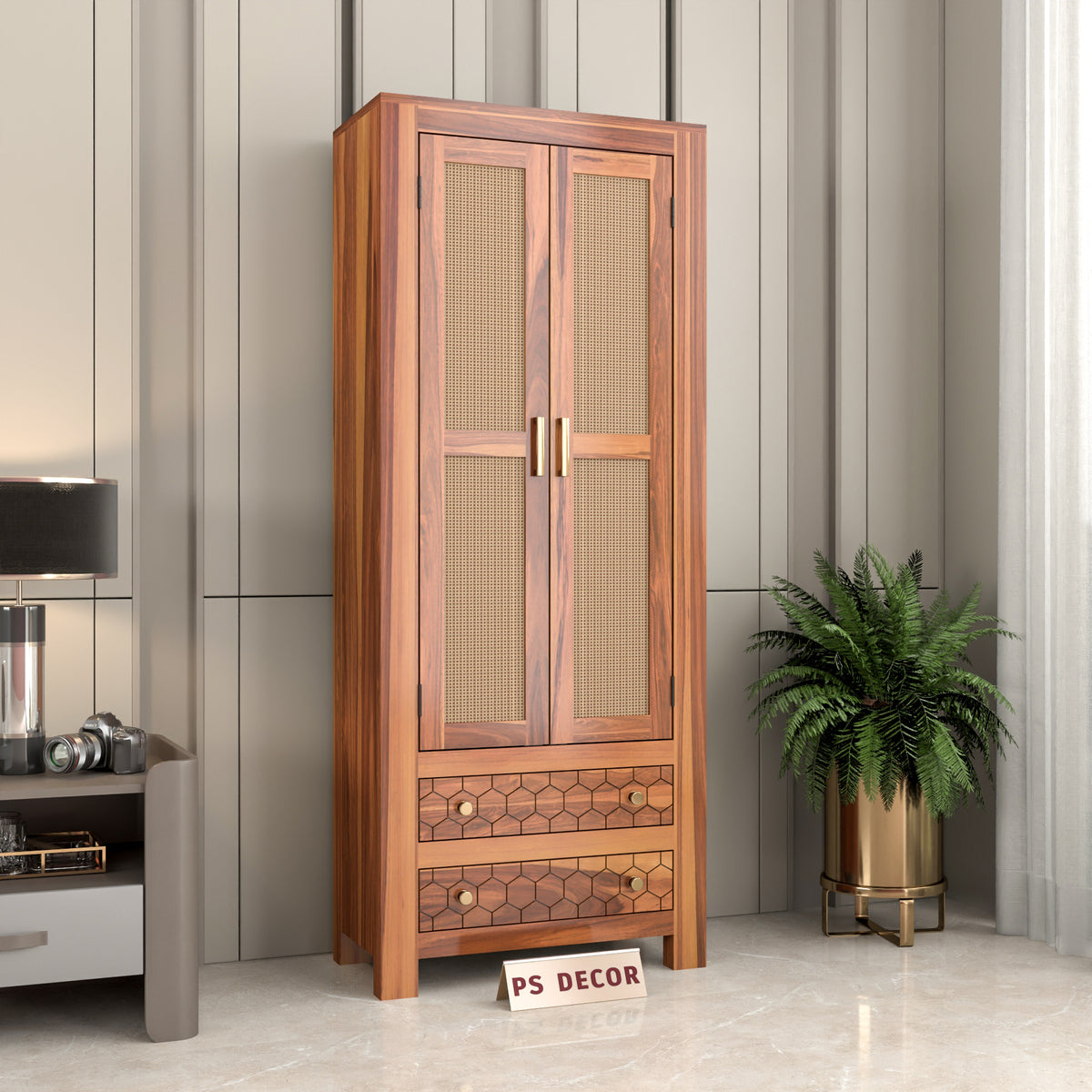 Kevia Sheesham Wood Bookshelf with Rattan Cane Doors & 2 Drawers (Natural Finish)