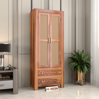 Kevia Sheesham Wood Bookshelf with Rattan Cane Doors & 2 Drawers (Natural Finish)